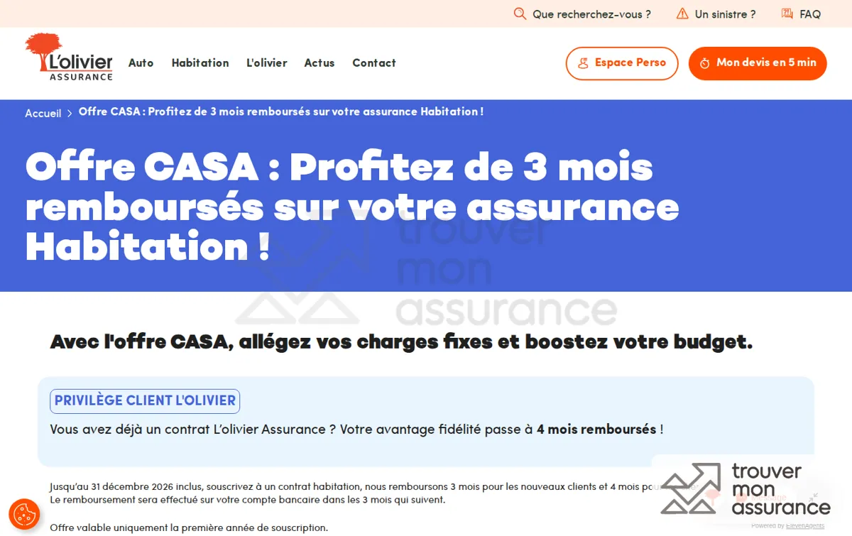 Capture : Offre CASA : 3 à 4 mois remboursés sur l’habitation ! | L’olivier Assurance